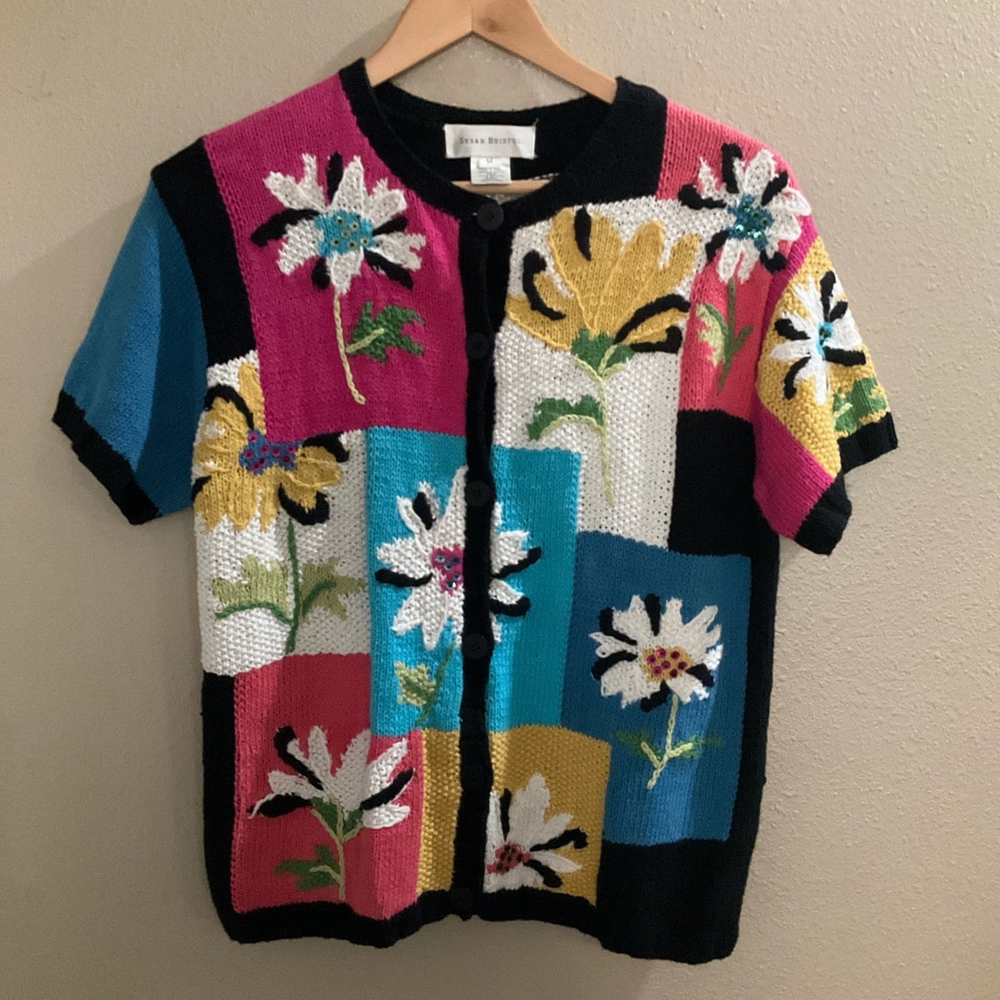 Vintage Susan Bristol Women’s Medium Floral Color block Cardigan Cottage core